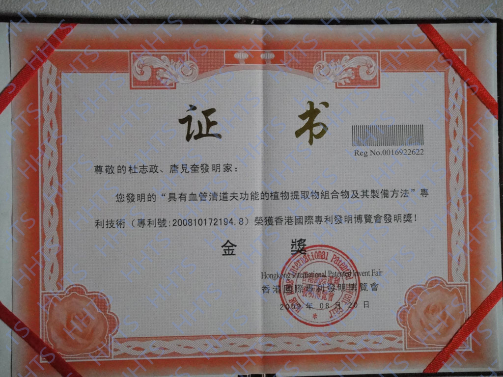 2009 Hong Kong International Patent and Invention Fair Gold Award Certificate